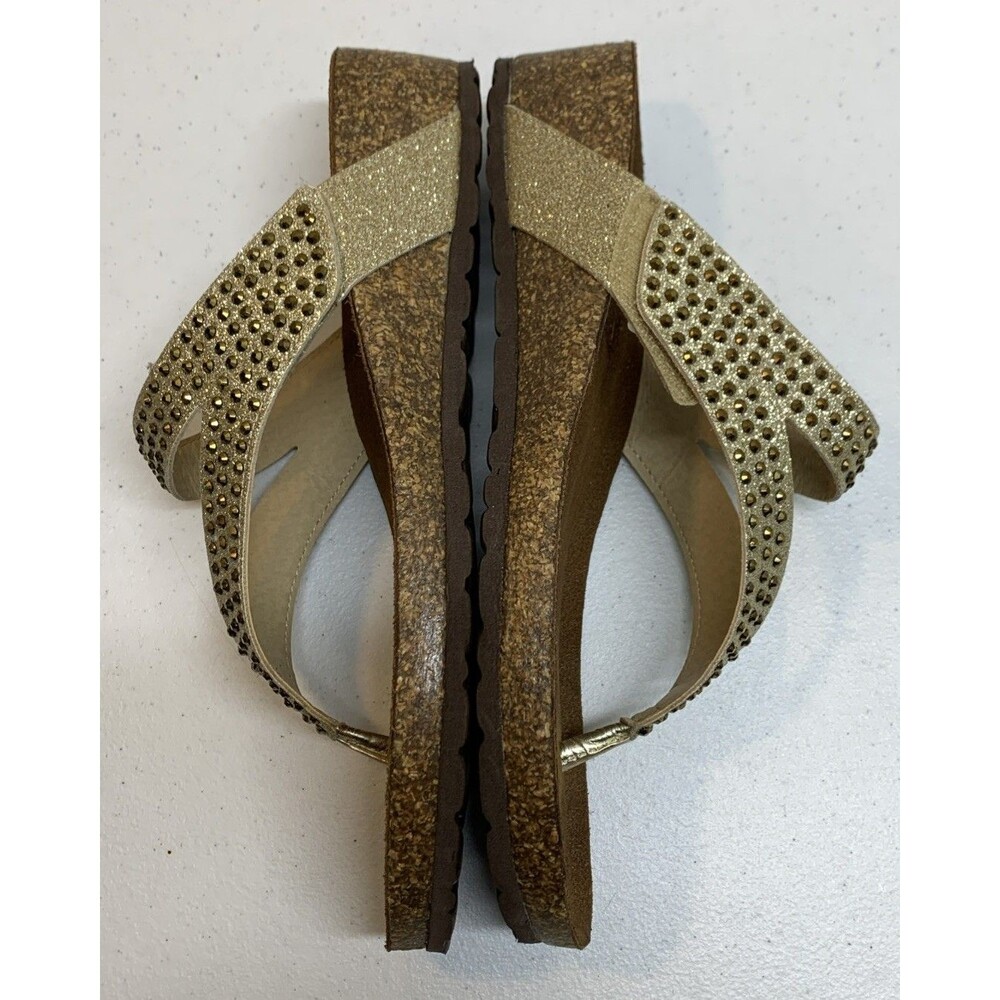 Bio-Gold Italian Wedge Sandals Womens 9 Gold Strappy Rhinestones Glitter Slip On - Picture 4 of 9